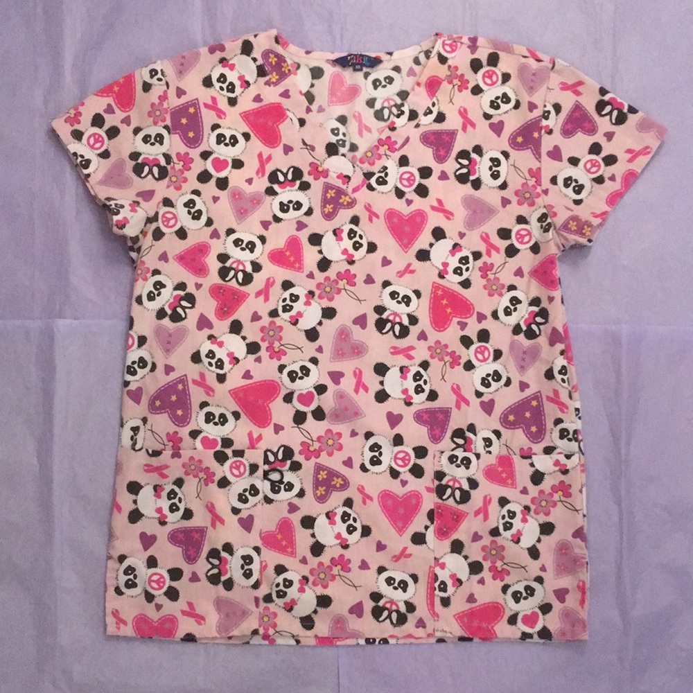 Zikit Pandas Hearts Flowers Ribbons Peace Signs Scrub Top Size X-Small